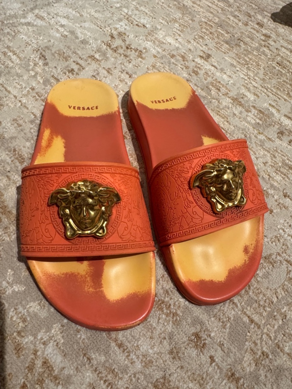 Versace Orange and Gold Medusa Slide Sandals